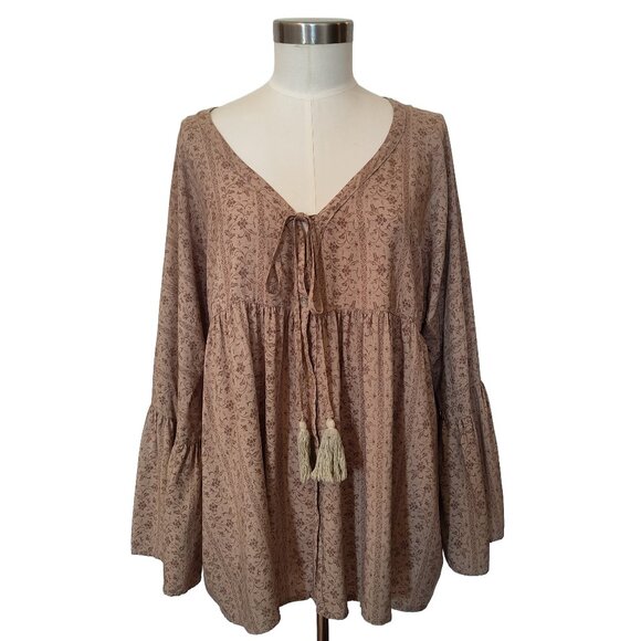 Heyson Boho Low Neck Top w' Bell Sleeves & Tassel Ties Size 2XL XXL - Picture 1 of 7